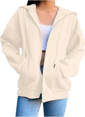 Women Zip Up Hoodie Casual Sweatshirt Drawstring Loose Fit Oversized Lightweight Fashion Fall Tops For Teen Girls