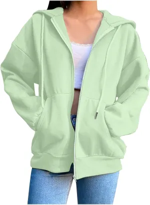 Women Zip Up Hoodie Casual Sweatshirt Drawstring Loose Fit Oversized Lightweight Fashion Fall Tops For Teen Girls
