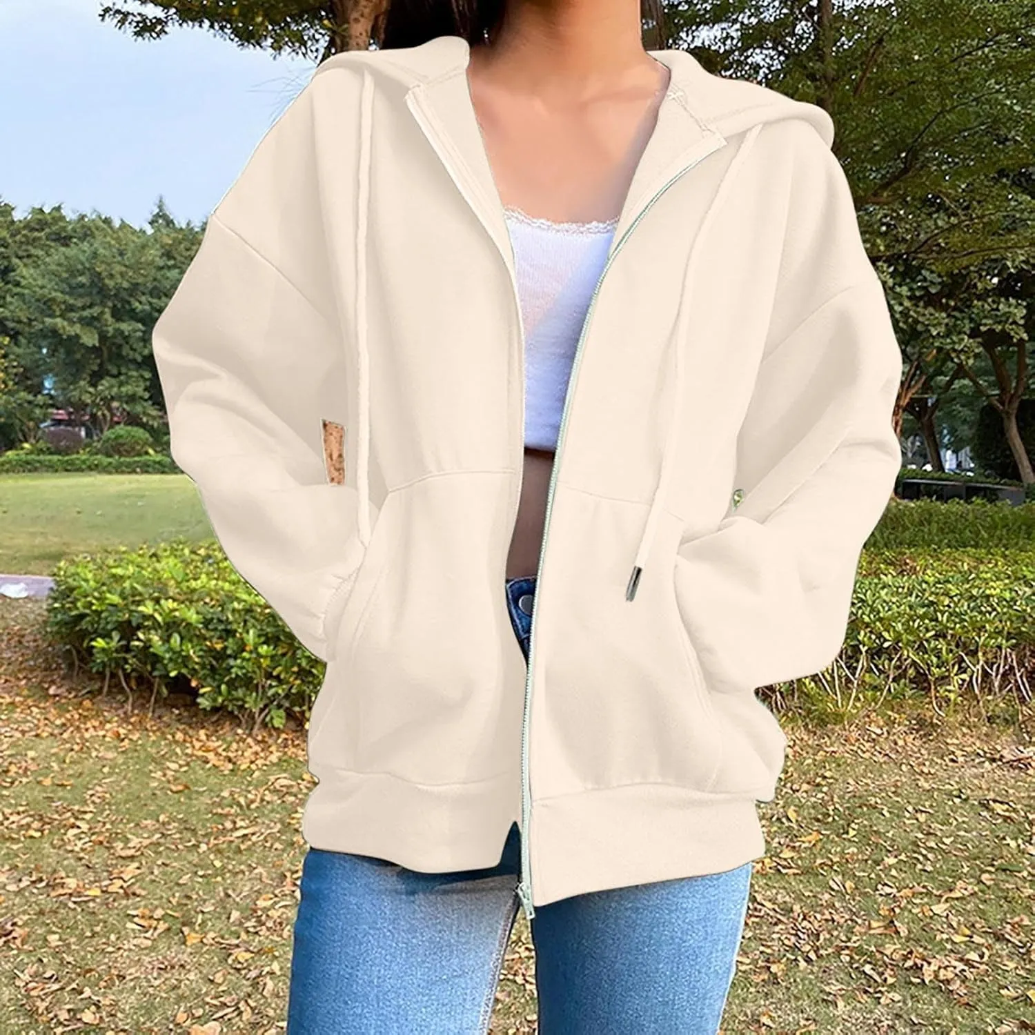 Women Zip Up Hoodie Casual Sweatshirt Drawstring Loose Fit Oversized Lightweight Fashion Fall Tops For Teen Girls
