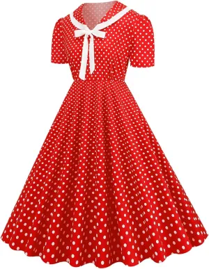 Women's 1950s Vintage Audrey Hepburn Style Cocktail Party Swing Dresses Lapel Short Sleeve Polka Dot Midi Tea Dress