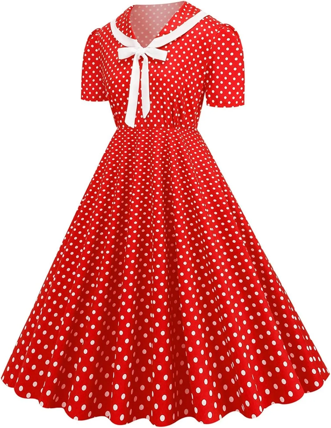 Women's 1950s Vintage Audrey Hepburn Style Cocktail Party Swing Dresses Lapel Short Sleeve Polka Dot Midi Tea Dress