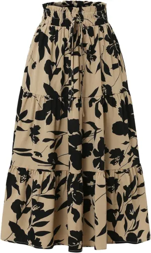 Women's Boho Floral Tiered Maxi Skirt,Elegant Pleated Elastic Waist Summer Flowy A-line Midi Long Skirt