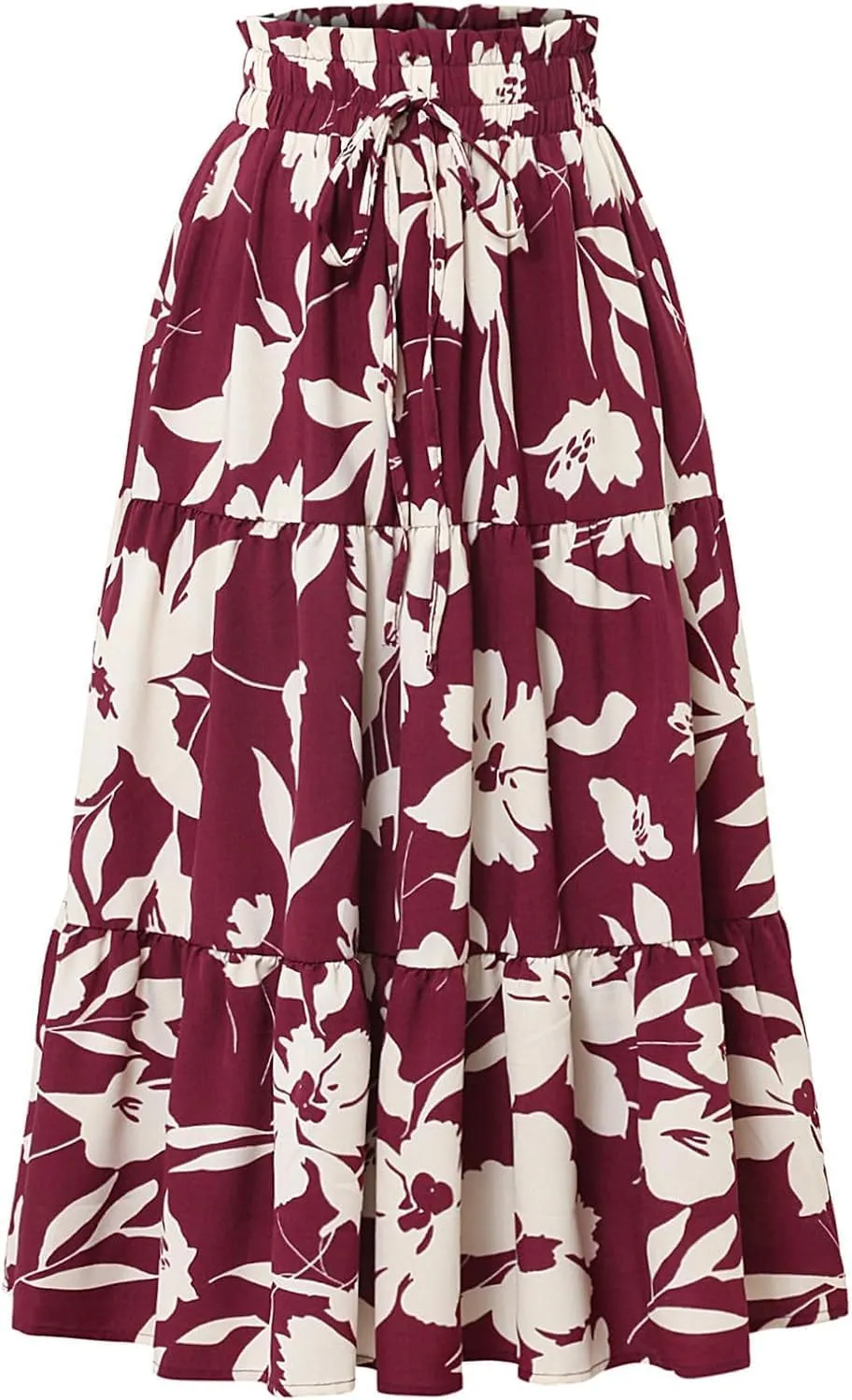 Women's Boho Floral Tiered Maxi Skirt,Elegant Pleated Elastic Waist Summer Flowy A-line Midi Long Skirt