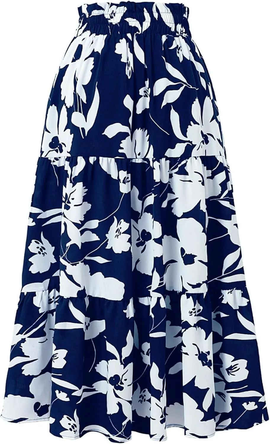 Women's Boho Floral Tiered Maxi Skirt,Elegant Pleated Elastic Waist Summer Flowy A-line Midi Long Skirt