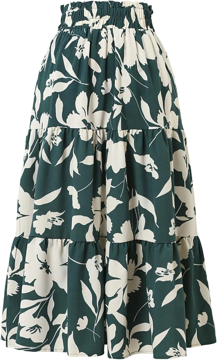 Women's Boho Floral Tiered Maxi Skirt,Elegant Pleated Elastic Waist Summer Flowy A-line Midi Long Skirt