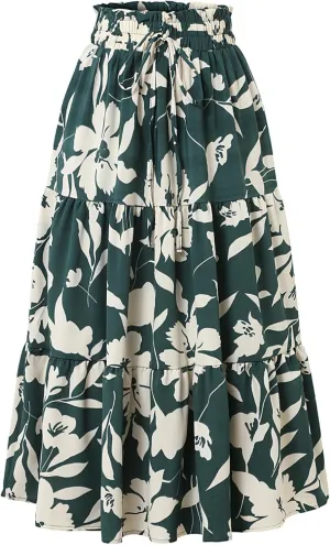 Women's Boho Floral Tiered Maxi Skirt,Elegant Pleated Elastic Waist Summer Flowy A-line Midi Long Skirt