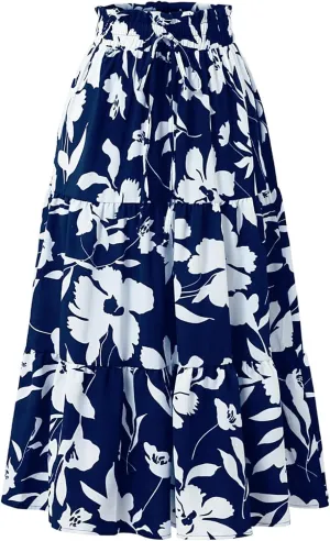 Women's Boho Floral Tiered Maxi Skirt,Elegant Pleated Elastic Waist Summer Flowy A-line Midi Long Skirt