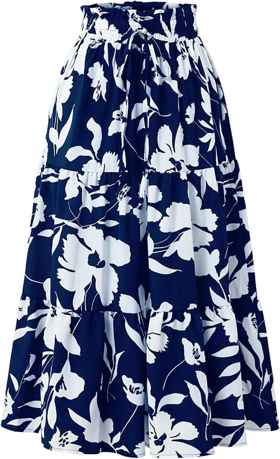 Women's Boho Floral Tiered Maxi Skirt,Elegant Pleated Elastic Waist Summer Flowy A-line Midi Long Skirt