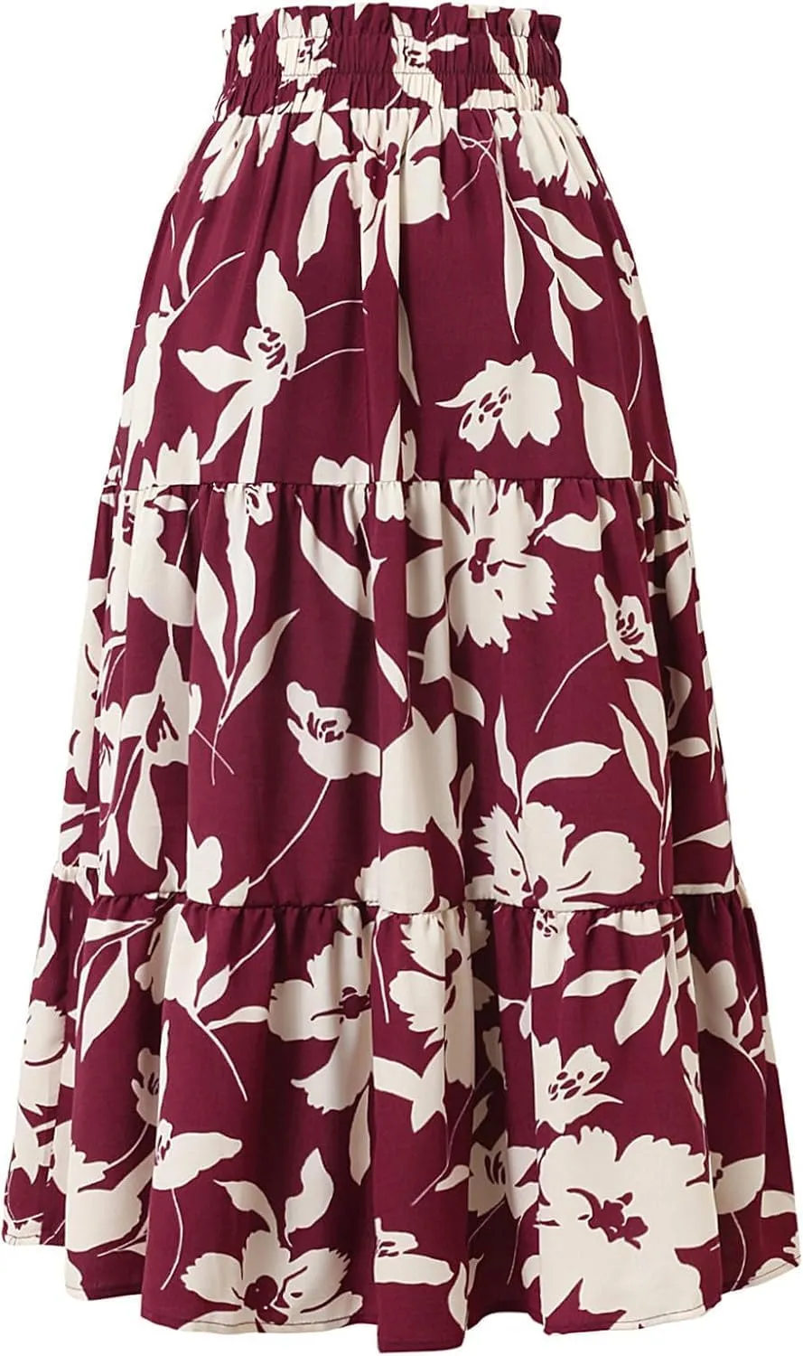 Women's Boho Floral Tiered Maxi Skirt,Elegant Pleated Elastic Waist Summer Flowy A-line Midi Long Skirt