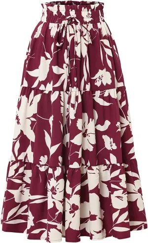 Women's Boho Floral Tiered Maxi Skirt,Elegant Pleated Elastic Waist Summer Flowy A-line Midi Long Skirt