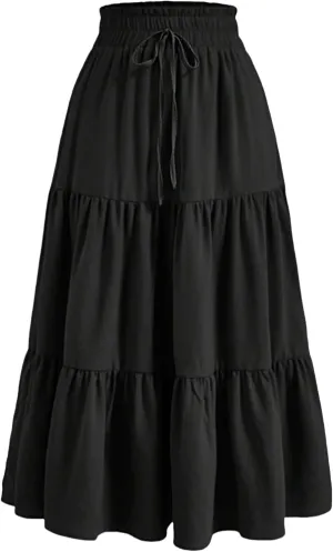 Women's Boho Floral Tiered Maxi Skirt,Elegant Pleated Elastic Waist Summer Flowy A-line Midi Long Skirt