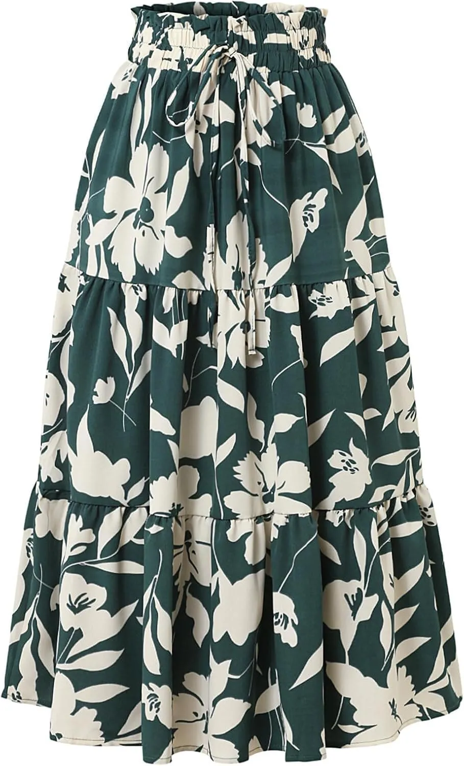 Women's Boho Floral Tiered Maxi Skirt,Elegant Pleated Elastic Waist Summer Flowy A-line Midi Long Skirt