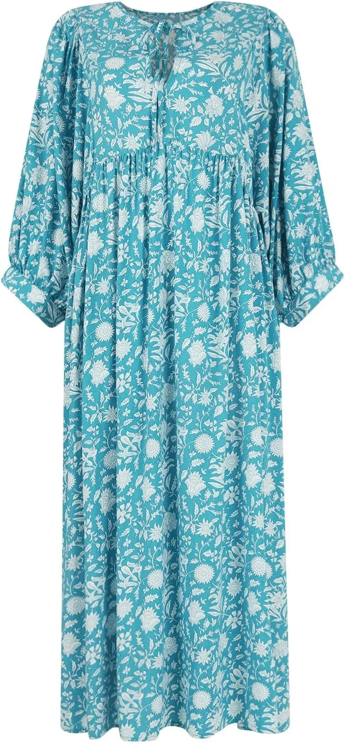 Womens Boho Maxi Dresses Summer Floral 3/4 Puff Sleeve Flowy Swing Tiered Long Beach Sundresses Vacation Outfits