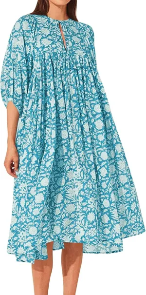 Womens Boho Maxi Dresses Summer Floral 3/4 Puff Sleeve Flowy Swing Tiered Long Beach Sundresses Vacation Outfits