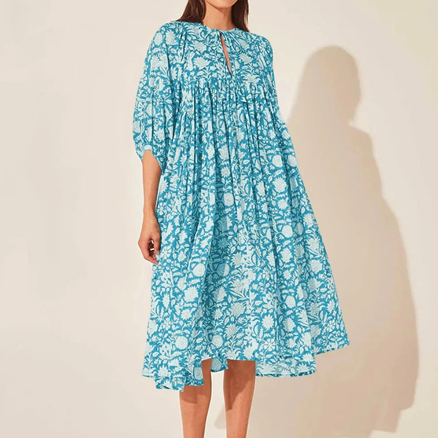 Womens Boho Maxi Dresses Summer Floral 3/4 Puff Sleeve Flowy Swing Tiered Long Beach Sundresses Vacation Outfits