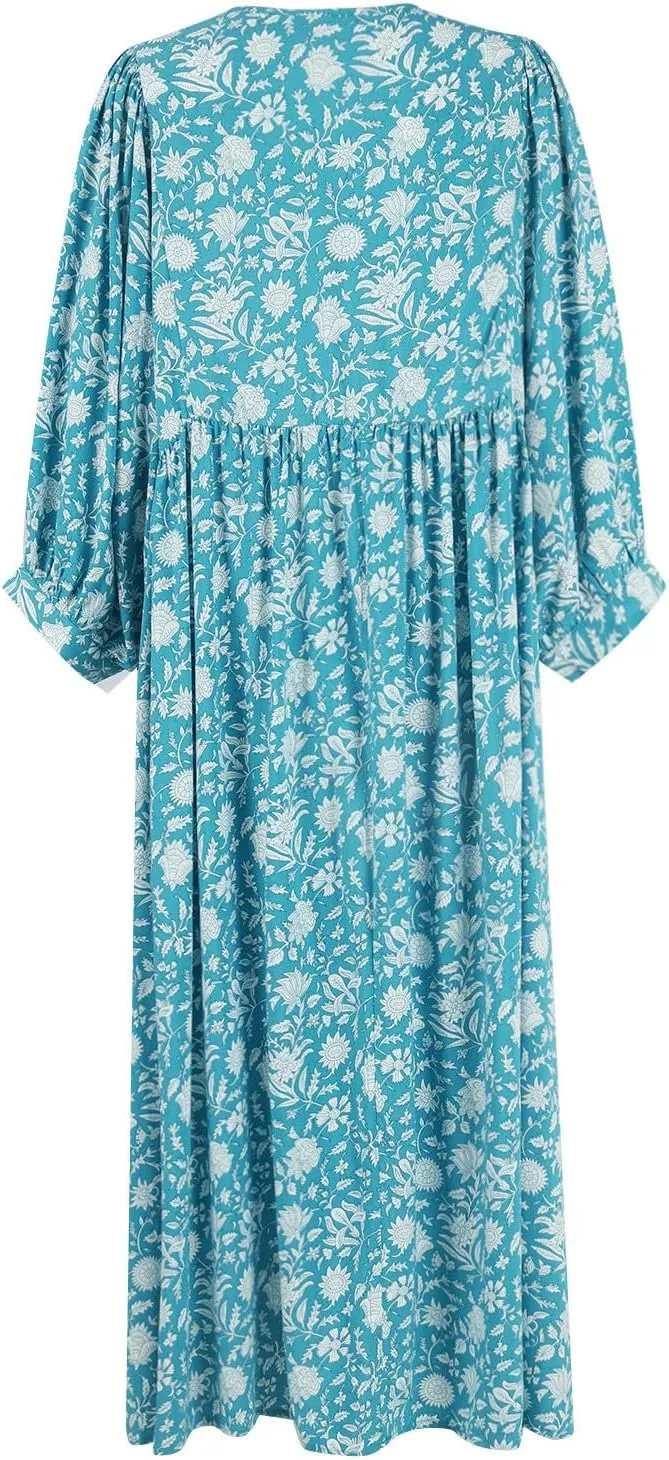 Womens Boho Maxi Dresses Summer Floral 3/4 Puff Sleeve Flowy Swing Tiered Long Beach Sundresses Vacation Outfits