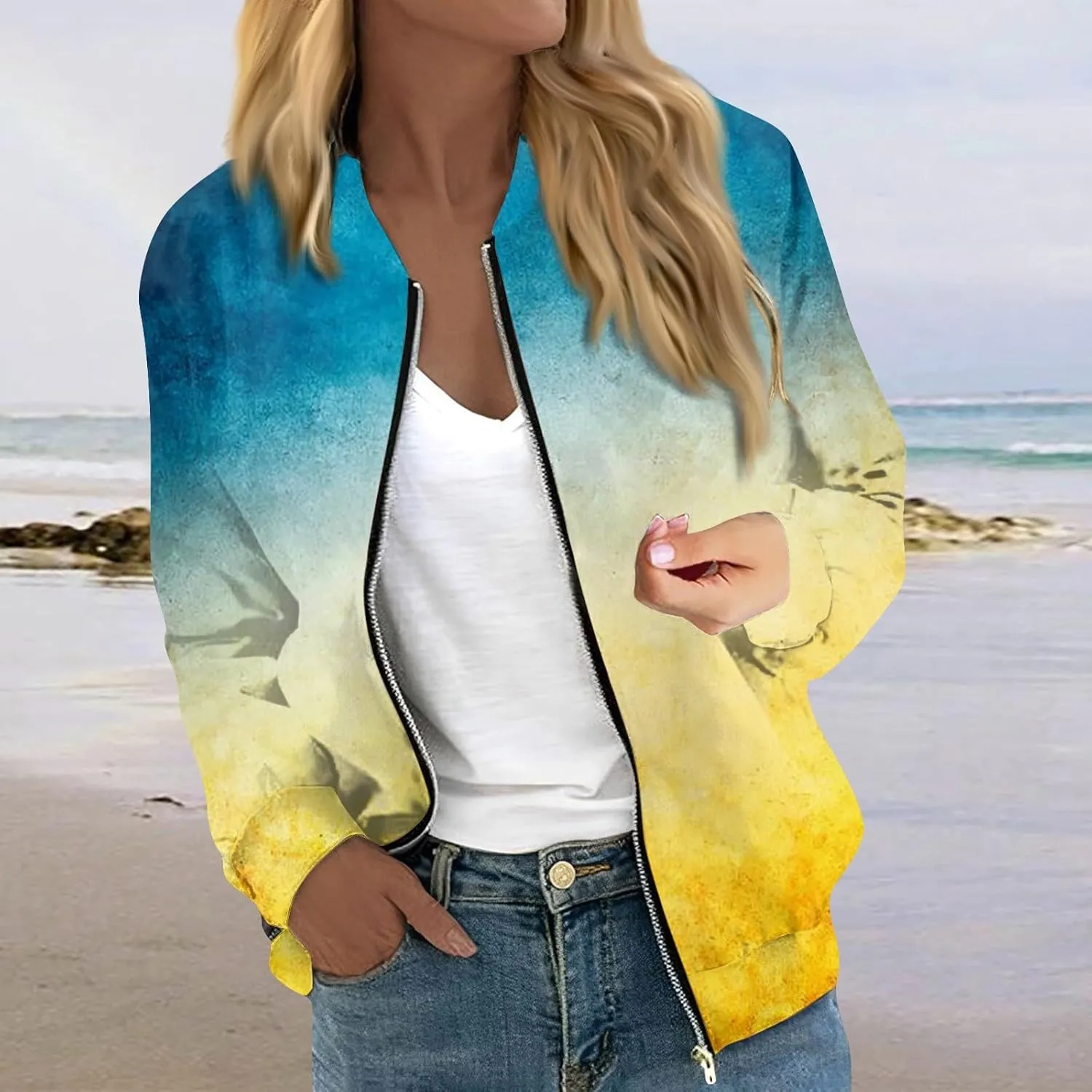 Women's Bomber Jacket Casual Coat Zip Up Outerwear Windbreaker with Pockets