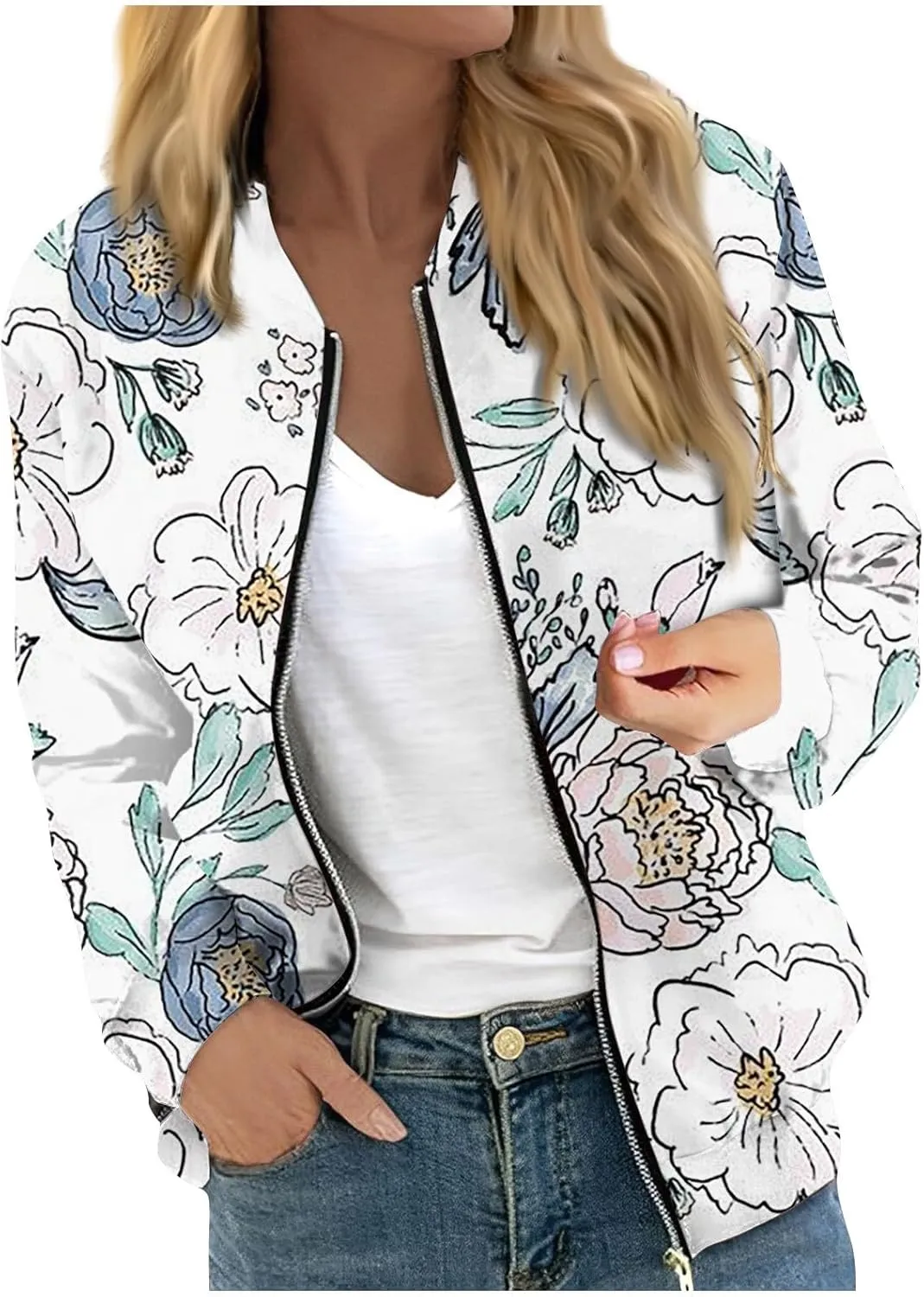 Women's Bomber Jacket Long Sleeve Casual Coat Zip Up Outerwear Windbreaker with Pockets