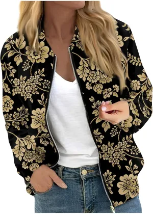 Women's Bomber Jacket Long Sleeve Casual Coat Zip Up Outerwear Windbreaker with Pockets