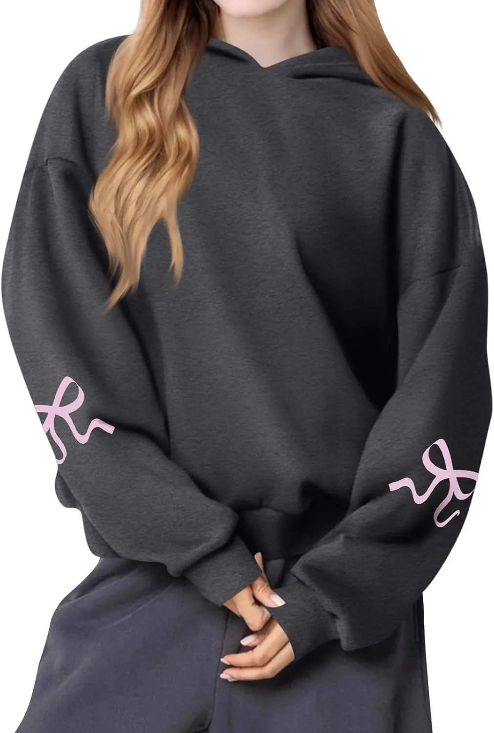 Women's Bow Print Hoodies 2025 Spring Trendy Long Sleeve Sweatshirts Cute Preppy Clothes Casual Graphic Pullover Tops