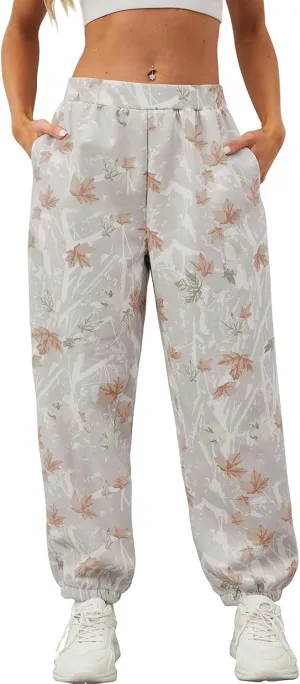 Womens Camo Pants Casual Elastic Waist Wide Leg Pants Lightweight Baggy Sweatpants with Pocket