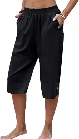 Womens Capris for Summer Elastic Waist Plus Size Capri Pants Wide Leg Linen Crop Pants Cropped Trousers with Pockets