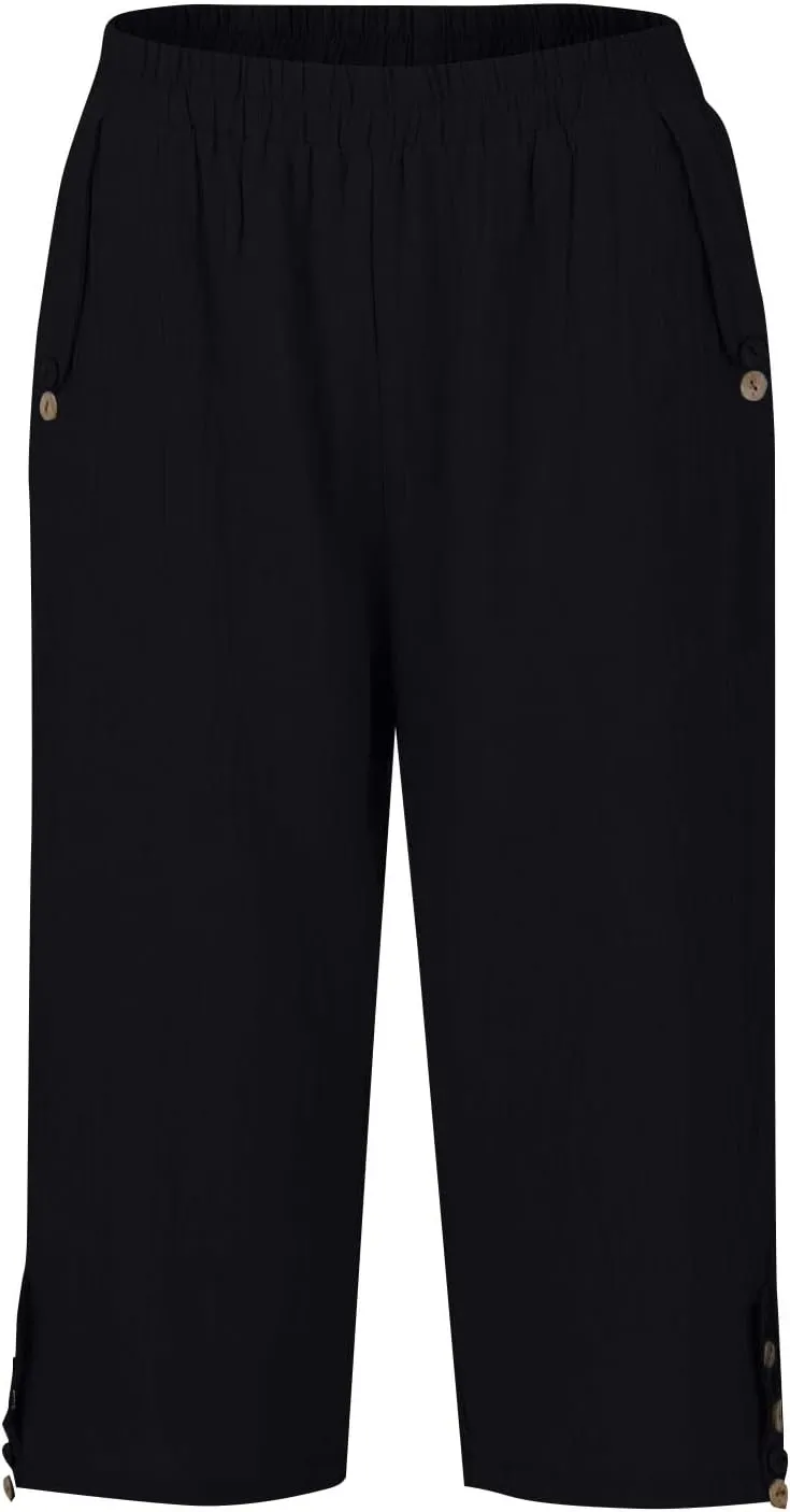 Womens Capris for Summer Elastic Waist Plus Size Capri Pants Wide Leg Linen Crop Pants Cropped Trousers with Pockets