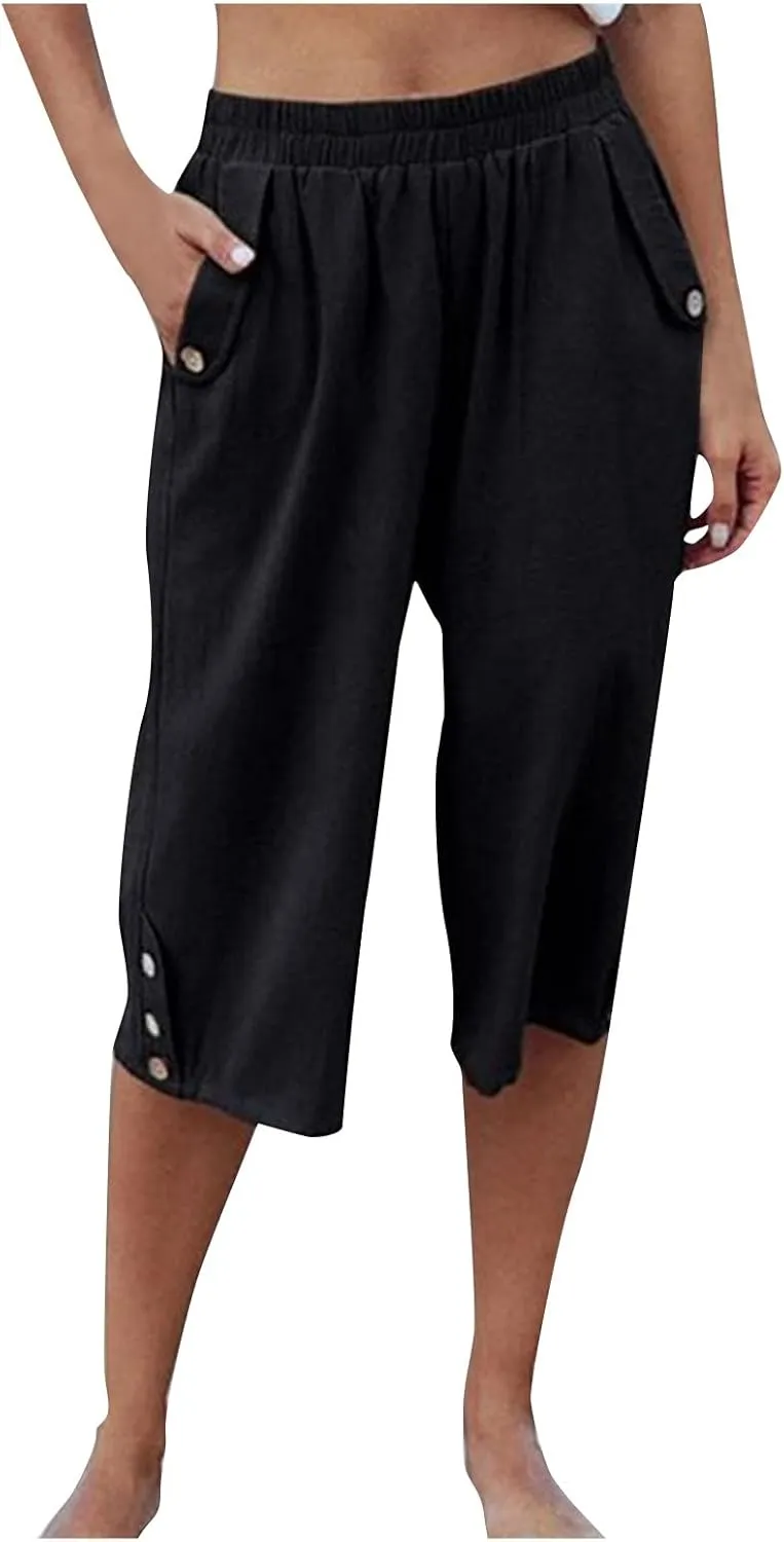 Womens Capris for Summer Elastic Waist Plus Size Capri Pants Wide Leg Linen Crop Pants Cropped Trousers with Pockets