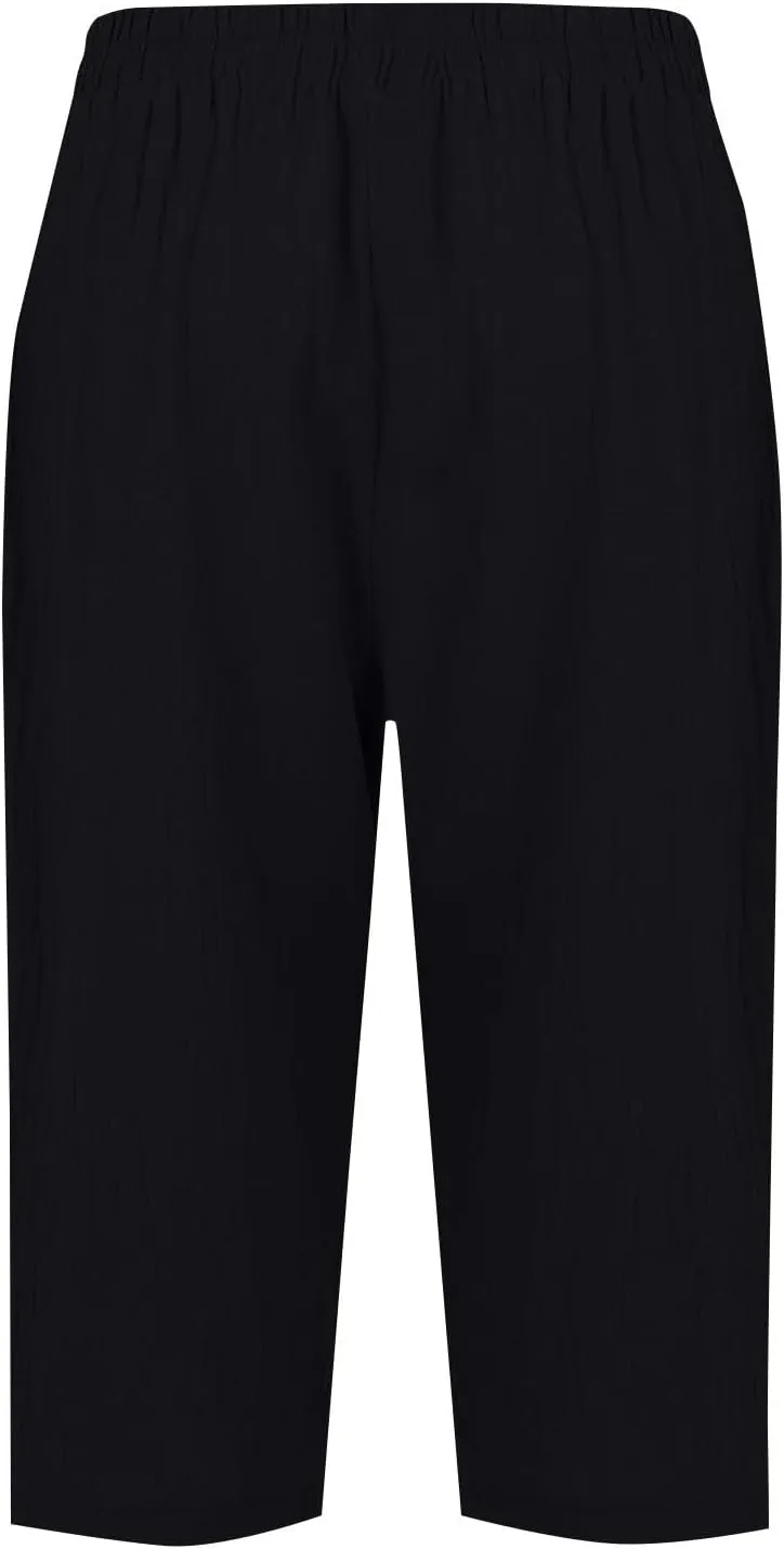 Womens Capris for Summer Elastic Waist Plus Size Capri Pants Wide Leg Linen Crop Pants Cropped Trousers with Pockets