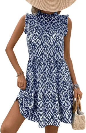 Women's Casual Boho Floral Print Dresses Summer Ruffle Sleeveless Mini Dress Vacation Beach Tank Sundress 2025