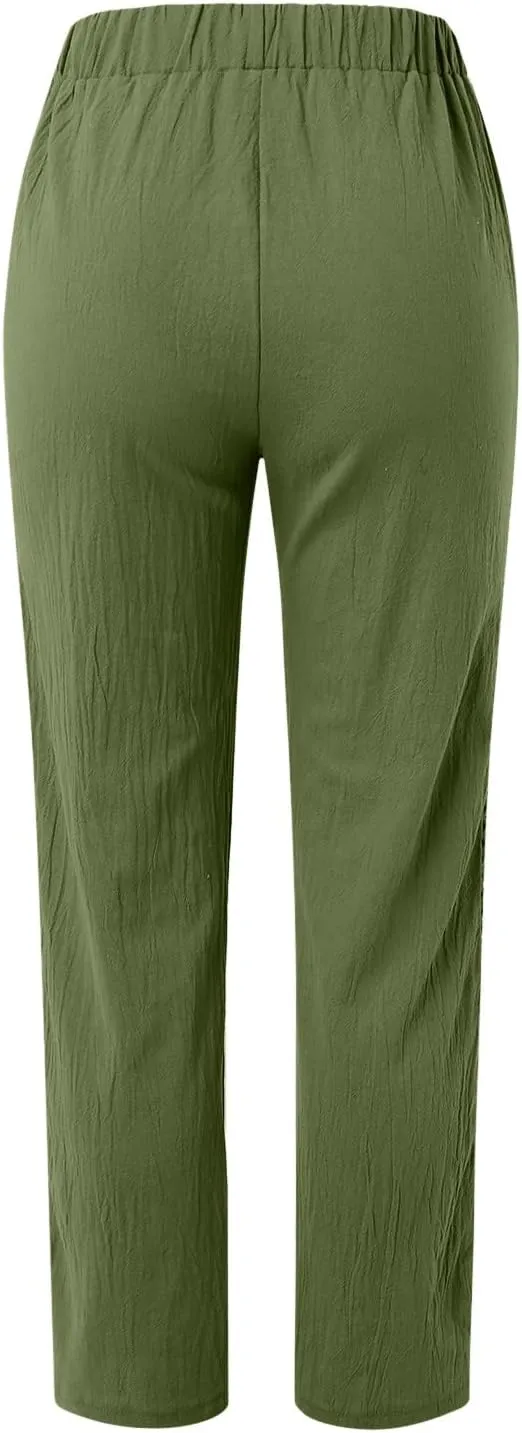 Womens Casual High Waisted Elastic Waist Capri Pants Lightweight Drawstring Summer Trouser with Pockets