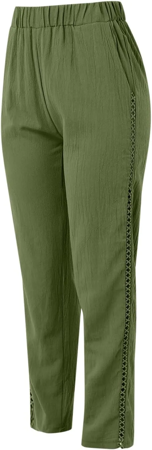 Womens Casual High Waisted Elastic Waist Capri Pants Lightweight Drawstring Summer Trouser with Pockets