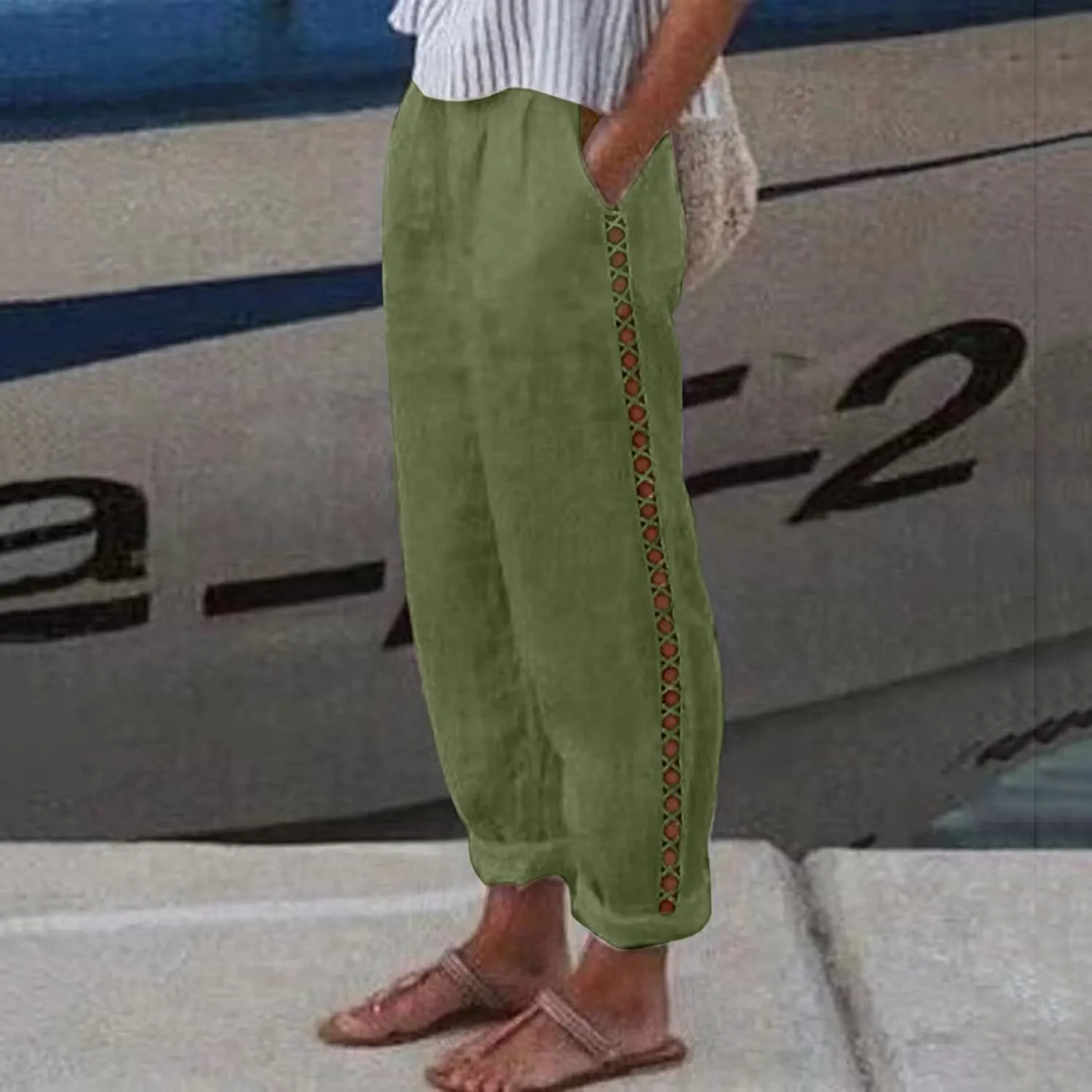 Womens Casual High Waisted Elastic Waist Capri Pants Lightweight Drawstring Summer Trouser with Pockets