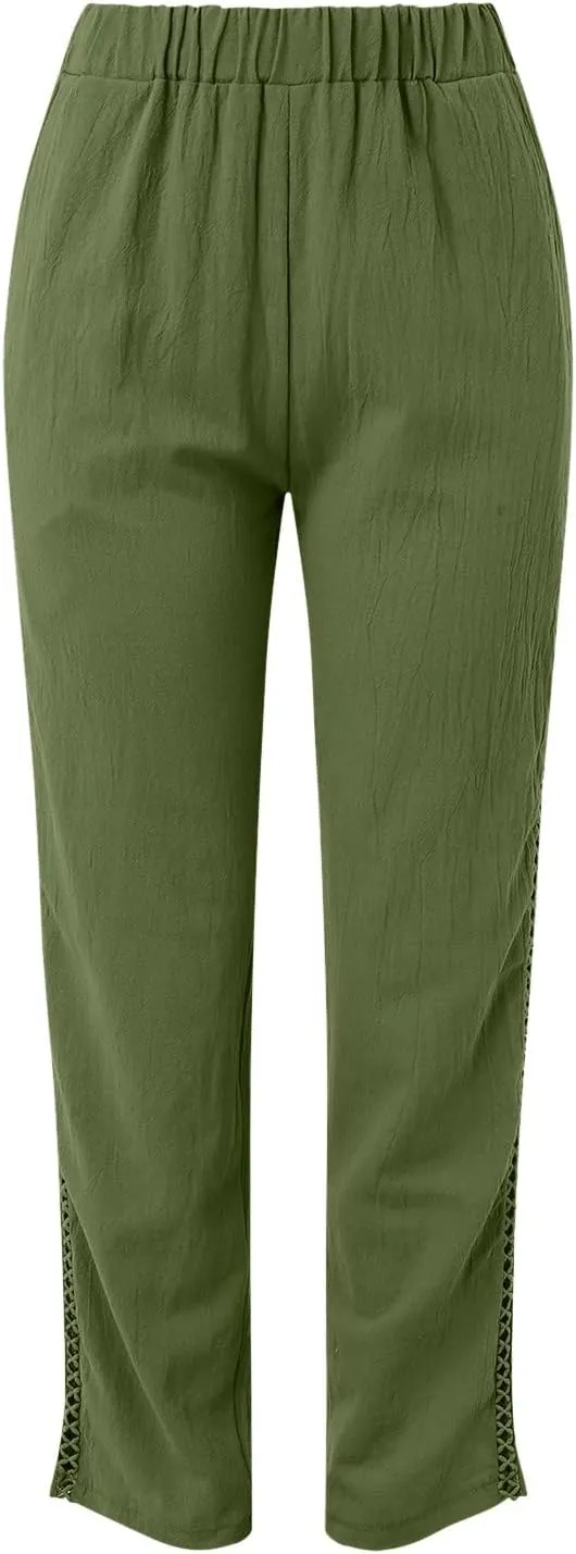 Womens Casual High Waisted Elastic Waist Capri Pants Lightweight Drawstring Summer Trouser with Pockets
