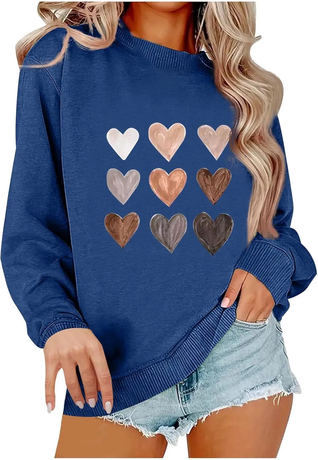 Womens Casual Oversized Sweatshirts Cute Heart Graphic Shirts Crewneck Long Sleeve Comfy Casual Basic Pullover Tops