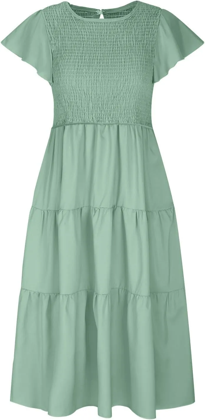 Womens Casual Ruffle Sleeve Smocked Maxi Dresses Crewneck Elegant High Waist Mini Dress Summer Dresses for Women 2025