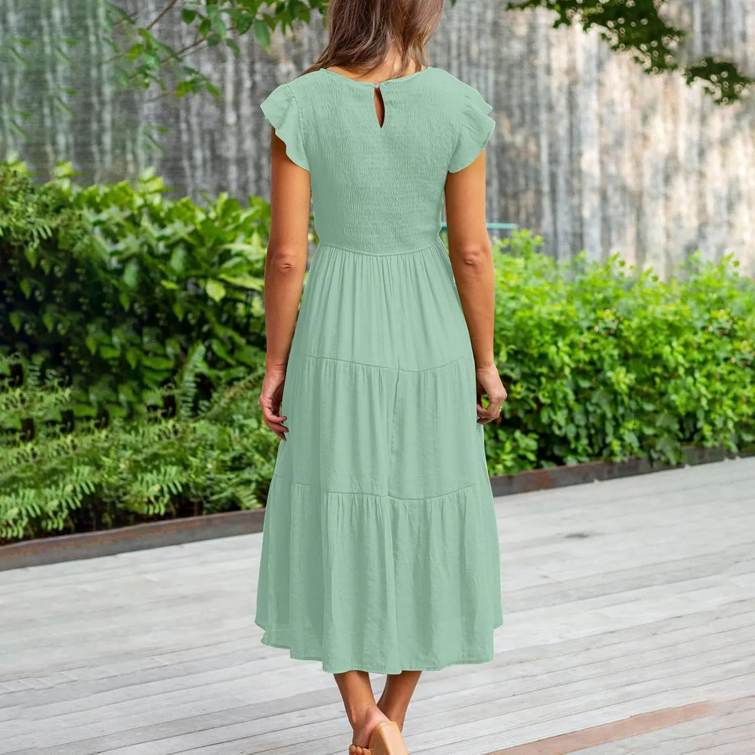Womens Casual Ruffle Sleeve Smocked Maxi Dresses Crewneck Elegant High Waist Mini Dress Summer Dresses for Women 2025