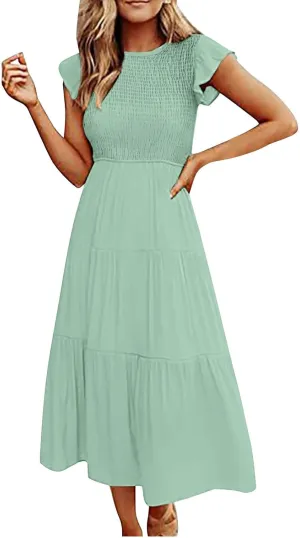 Womens Casual Ruffle Sleeve Smocked Maxi Dresses Crewneck Elegant High Waist Mini Dress Summer Dresses for Women 2025