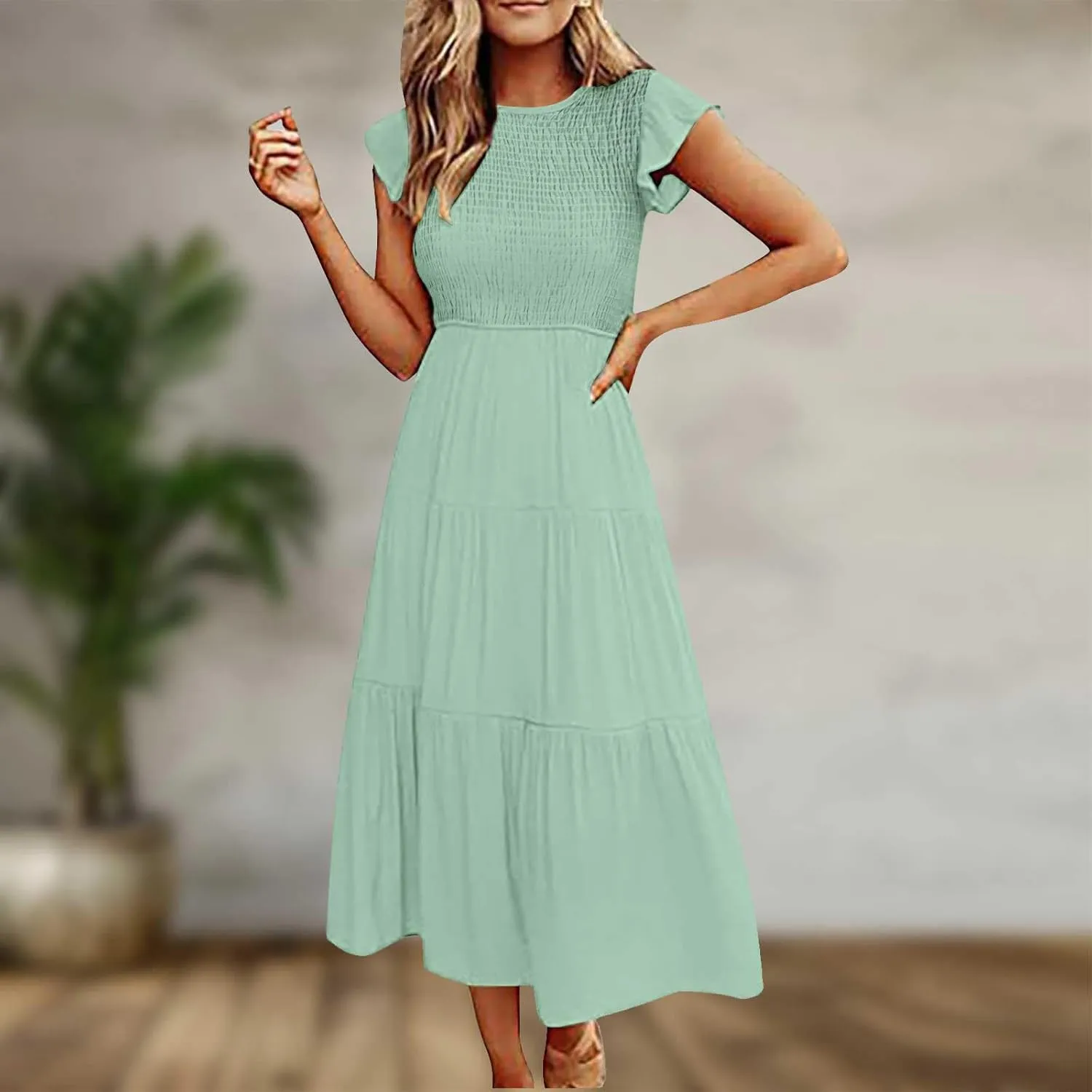 Womens Casual Ruffle Sleeve Smocked Maxi Dresses Crewneck Elegant High Waist Mini Dress Summer Dresses for Women 2025