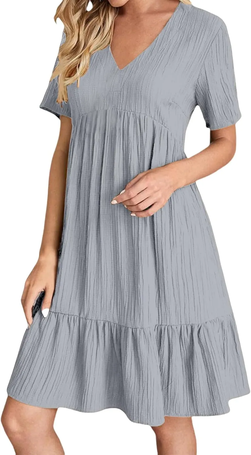 Womens Casual Summer Dresses Flowy Sleeveless Midi Dress Beach Vacation Sundress Ruffle Swing Dress V Neck Comfy