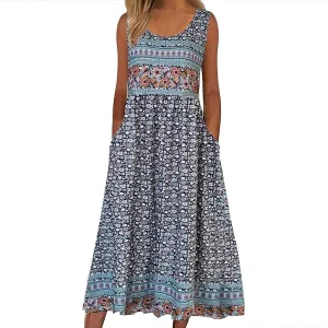 Womens Casual Summer Dresses Loose Floral Boho Sundresses Sleeveless Midi Flowy Beach Vacation Tank Dress with Pockets