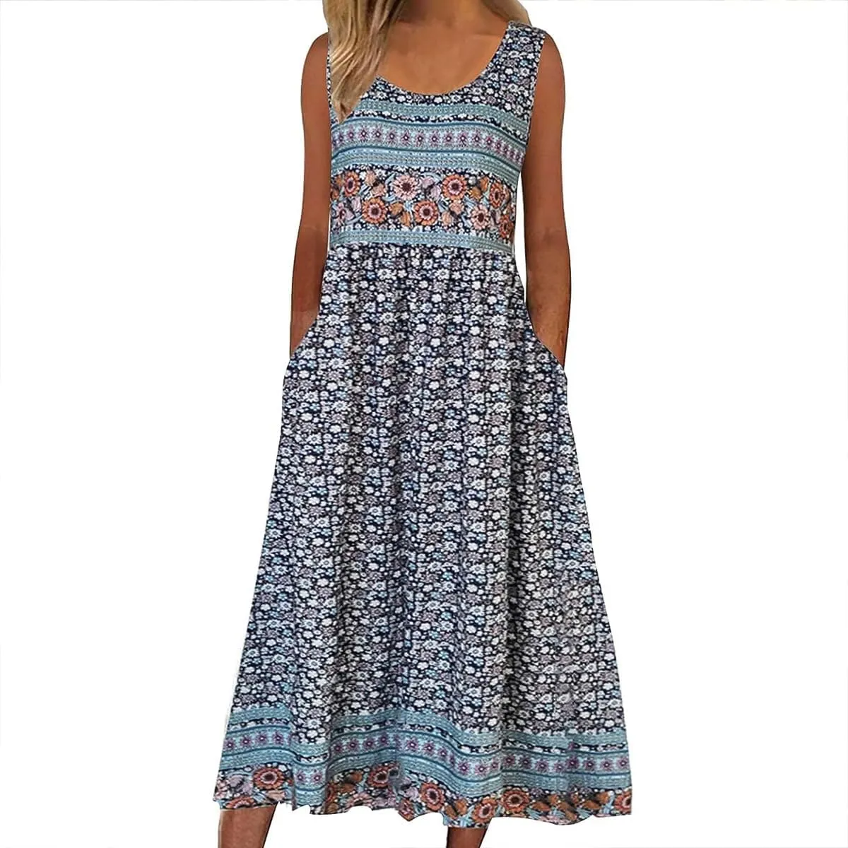 Womens Casual Summer Dresses Loose Floral Boho Sundresses Sleeveless Midi Flowy Beach Vacation Tank Dress with Pockets