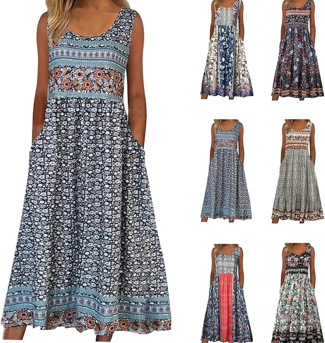 Womens Casual Summer Dresses Loose Floral Boho Sundresses Sleeveless Midi Flowy Beach Vacation Tank Dress with Pockets