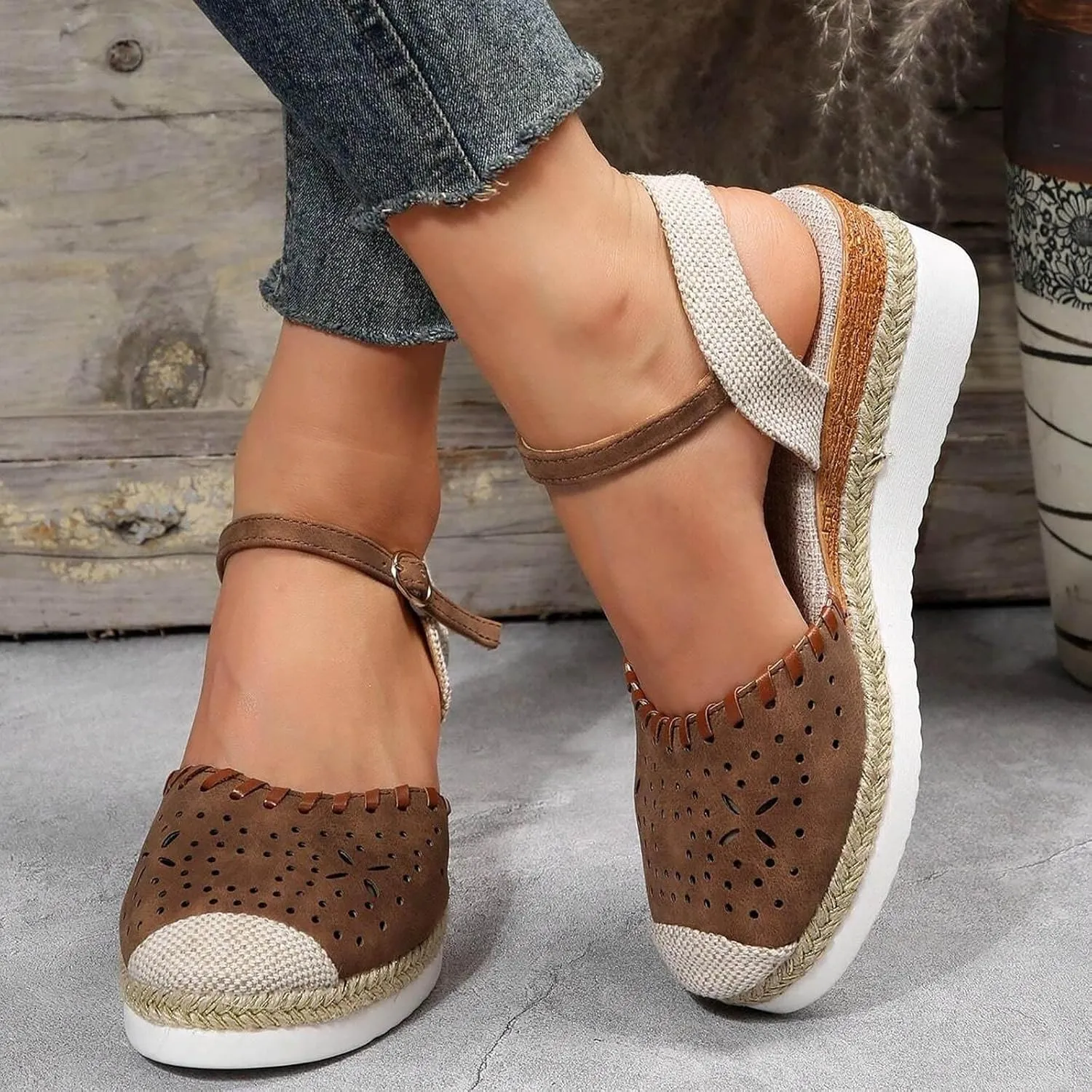 Women's Closed Toe Elastic Ankle Strap Espadrilles Wedge Sandals Orthopedic Comfortable Summer Dress Hollow Out Arch Wedge Platform Sandal Slip on Casual Beach Outdoor Wedding Espadrilles Footwear