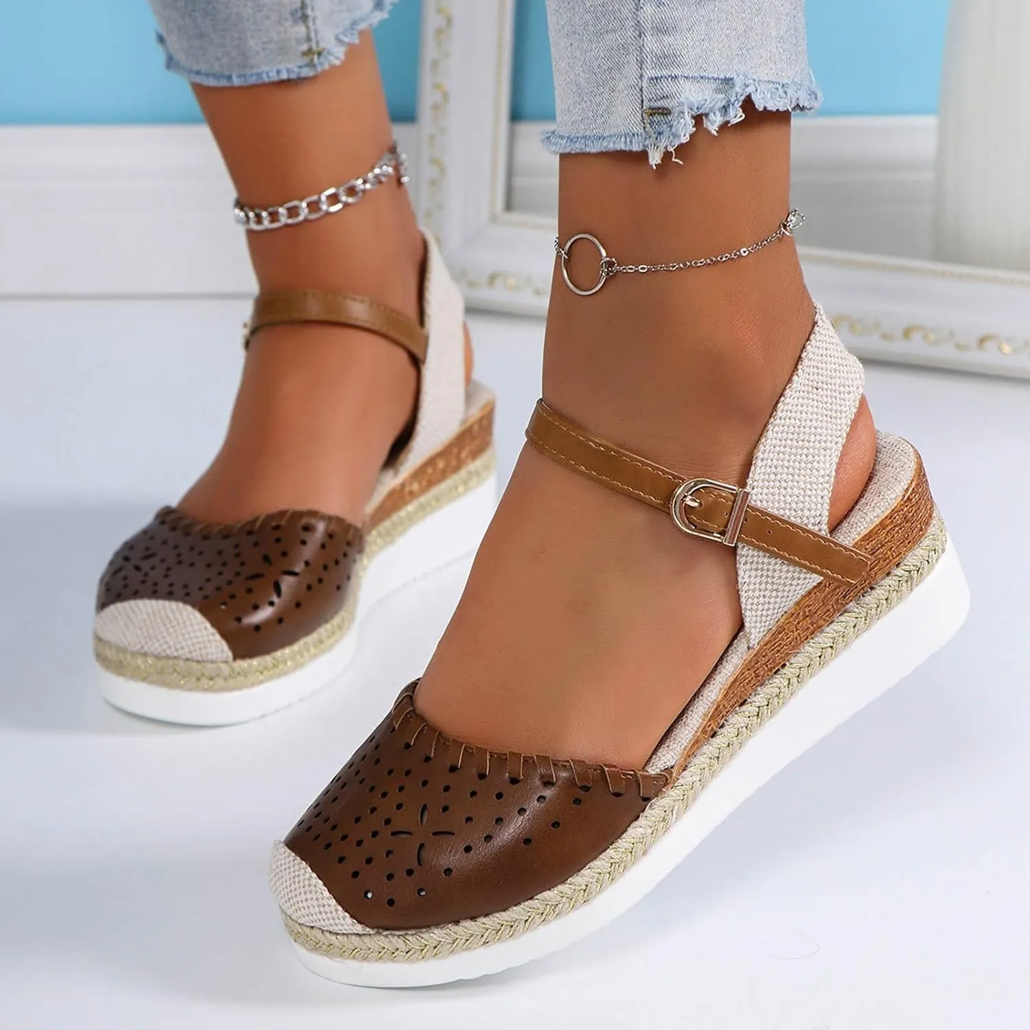 Women's Closed Toe Elastic Ankle Strap Espadrilles Wedge Sandals Orthopedic Comfortable Summer Dress Hollow Out Arch Wedge Platform Sandal Slip on Casual Beach Outdoor Wedding Espadrilles Footwear