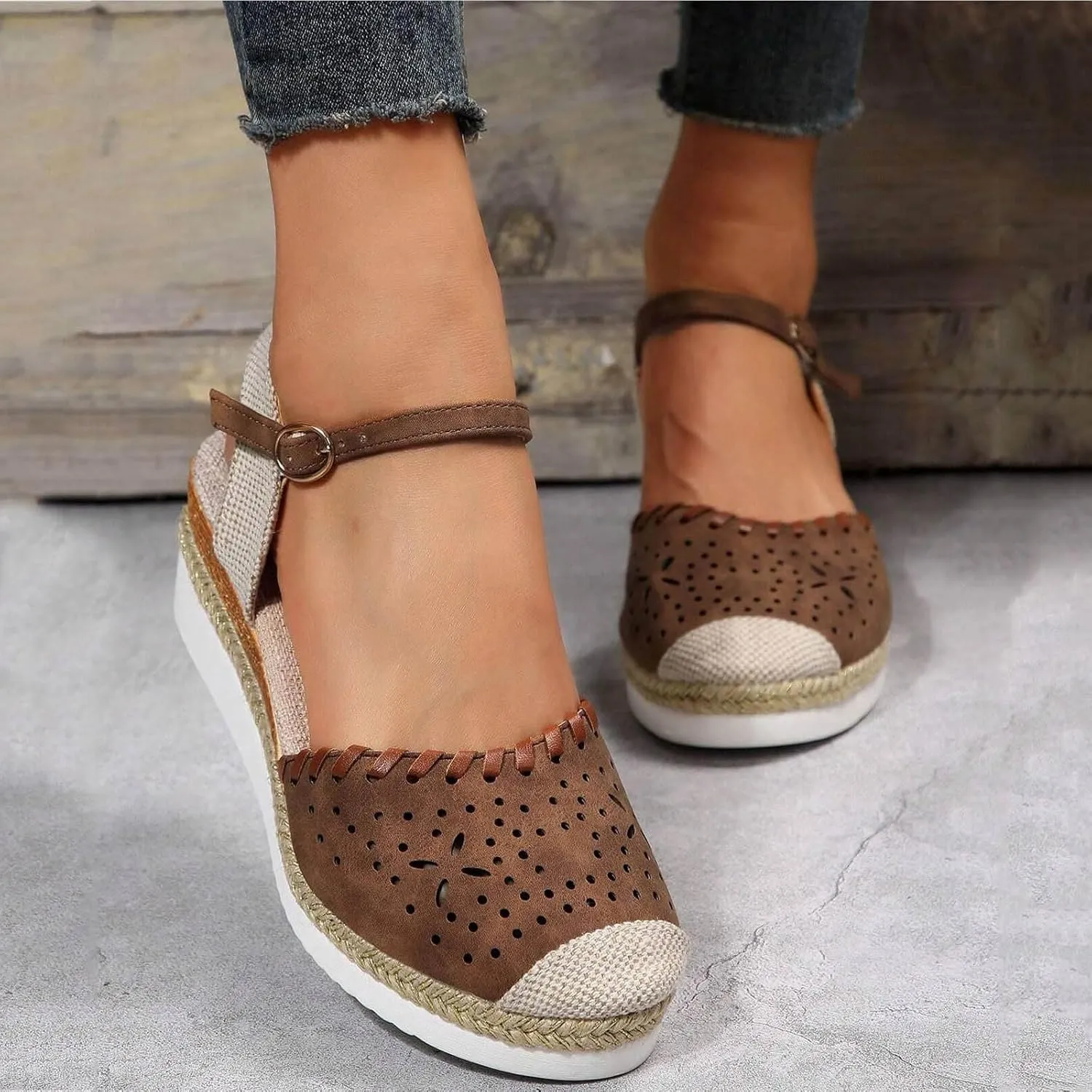 Women's Closed Toe Elastic Ankle Strap Espadrilles Wedge Sandals Orthopedic Comfortable Summer Dress Hollow Out Arch Wedge Platform Sandal Slip on Casual Beach Outdoor Wedding Espadrilles Footwear