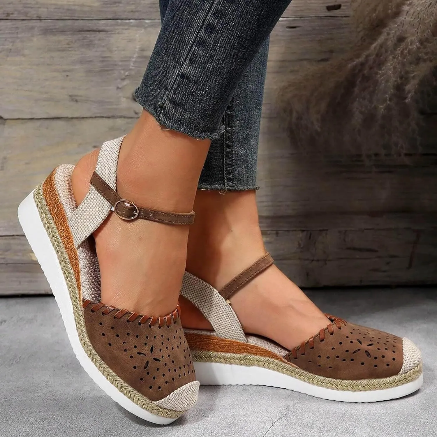 Women's Closed Toe Elastic Ankle Strap Espadrilles Wedge Sandals Orthopedic Comfortable Summer Dress Hollow Out Arch Wedge Platform Sandal Slip on Casual Beach Outdoor Wedding Espadrilles Footwear