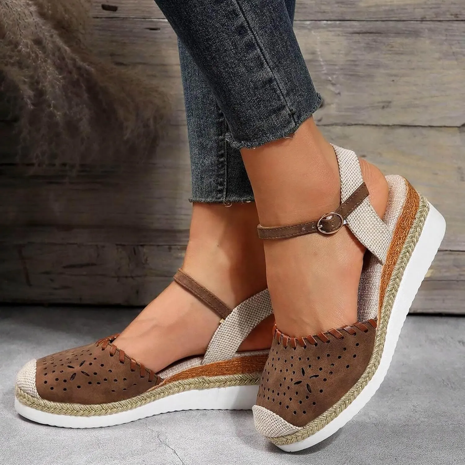 Women's Closed Toe Elastic Ankle Strap Espadrilles Wedge Sandals Orthopedic Comfortable Summer Dress Hollow Out Arch Wedge Platform Sandal Slip on Casual Beach Outdoor Wedding Espadrilles Footwear