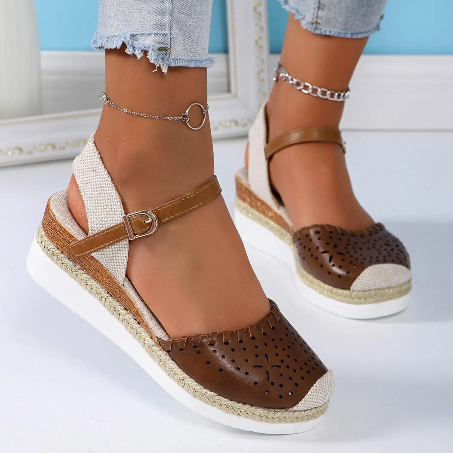 Women's Closed Toe Elastic Ankle Strap Espadrilles Wedge Sandals Orthopedic Comfortable Summer Dress Hollow Out Arch Wedge Platform Sandal Slip on Casual Beach Outdoor Wedding Espadrilles Footwear
