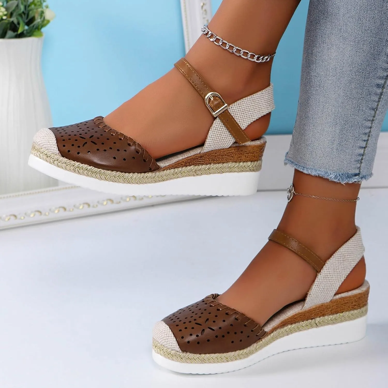 Women's Closed Toe Elastic Ankle Strap Espadrilles Wedge Sandals Orthopedic Comfortable Summer Dress Hollow Out Arch Wedge Platform Sandal Slip on Casual Beach Outdoor Wedding Espadrilles Footwear